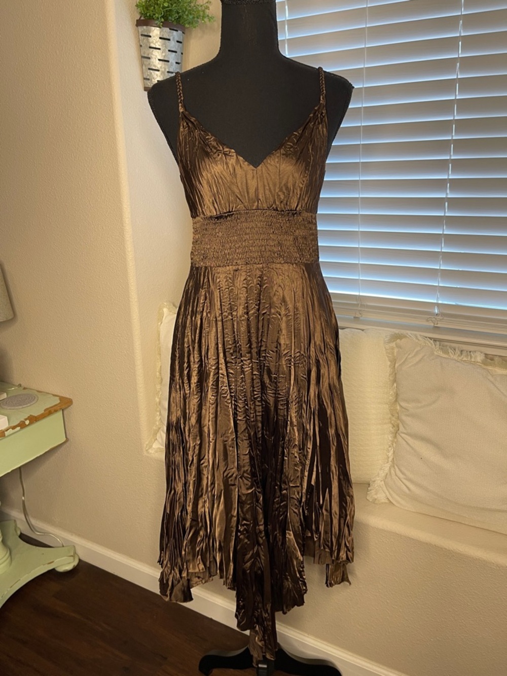 Express Metallic Bronze Sunray Pleat Midi Dress Handkerchief Hem Whimsigoth